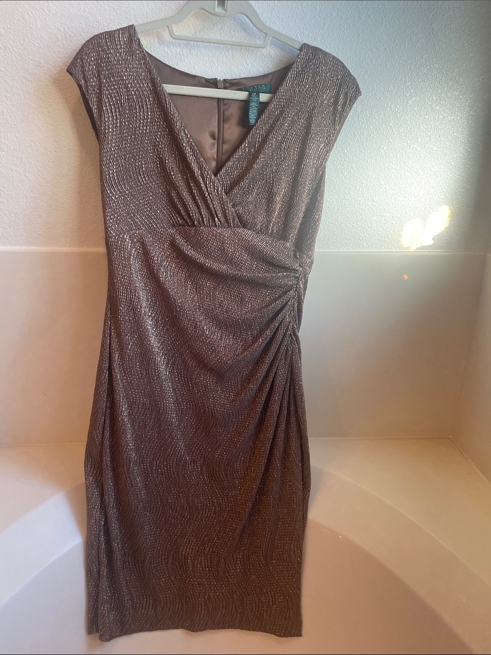 Ralph Lauren Metallic Taupe Cap-Sleeve Midi Dress